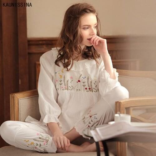 New 100% Cotton Sleepwear Long-sleeved Trousers Ladies Pajamas Suit Princess Style Long Pajamas Autumn Winter Womens Homewear
