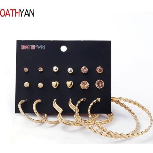 OATHYAN 9 Pairs/Set Classic Golden Metal Ball Heart Earrings Sets For Women Round Circle Hoop Earring Ladies Minimalist Jewelry