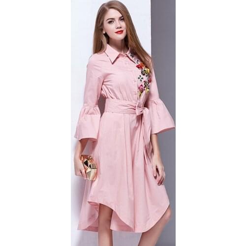 Wholesale New Embroidery Diamonds Decorate Bow Belt Casual Asymmetrical Shirt Fashion Dress