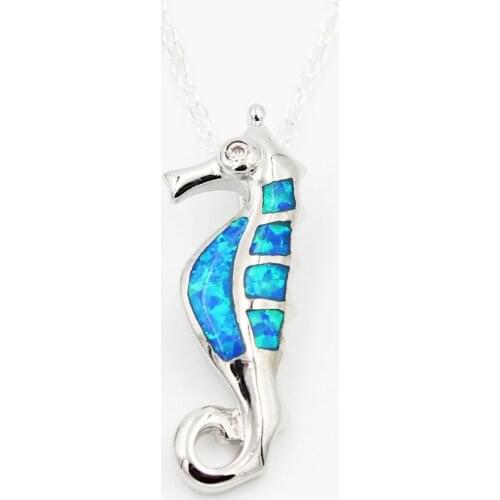 Lovely Blue Fire Opal Sea Horse Pendant Necklace for Gift