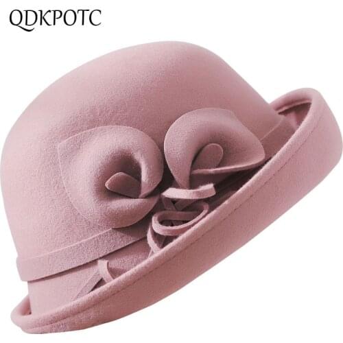 QDKPOTC 2018 Winter Retro 100%Wool Fedoras Hats Women Felt Hat Cap Ladies Crimping Floral Dome Top Hat Elegant Church Hats