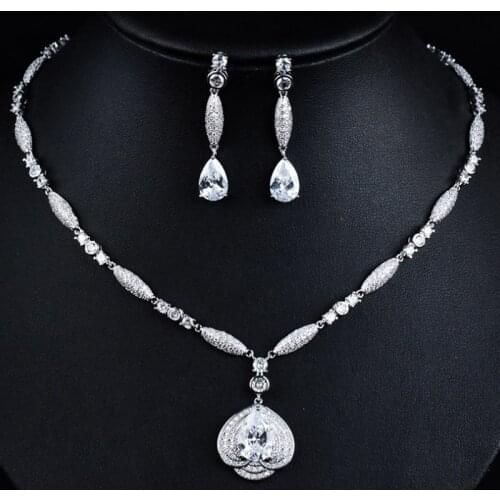 Zlxgirl bridal jewelry sets metal rhodium copper wedding necklace and earring jewelry sets fine color pave zircon pendant ears