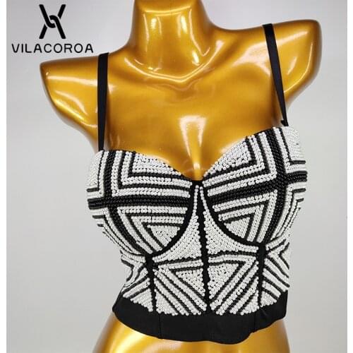 Tube Top Sling Pearl Stitching Women Crop Top Streetwear Sexy Sleeveless Halter Top Vest Nightclub Stage Shiny Female Camis Tops