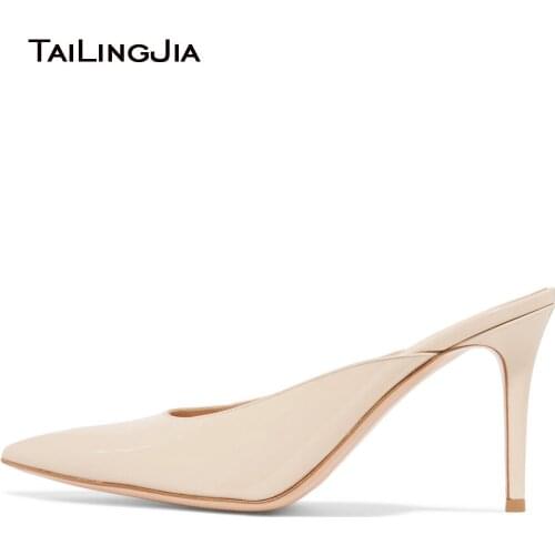 Pointed Toe High Heel Mules Women Black Patent Leather Heeled Pumps Evening Dress Shoes Ladies Summer Party Heels Large Size