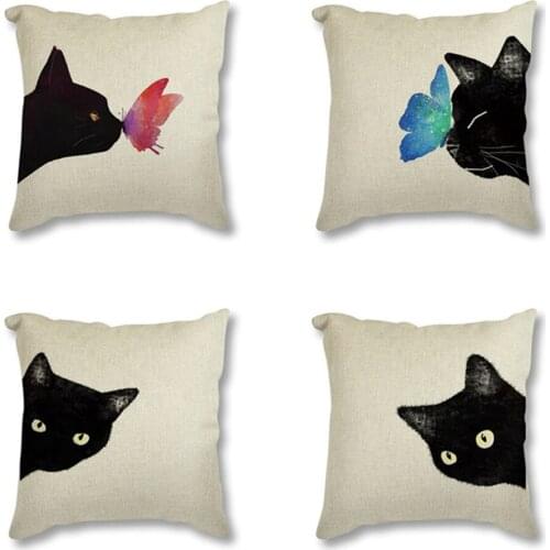 Home Comfortable Sofa Cushion Cover Black Cat with Butterfly Printed Linen Cotton Throw Pillowcase Durable Movable Throw Covers
