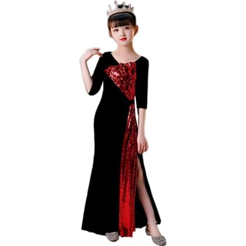 Girls Sequins Stitching Evening Dress kids Catwalk Mermaid princess gown birthday party dress for girls vestidos L475