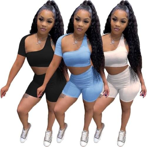 Nightclub Style Womens Clothing Fashion Sexy Sports Solid Color Asymmetrical Tops Shorts Hollow Navel Tight Fitting Two Piece