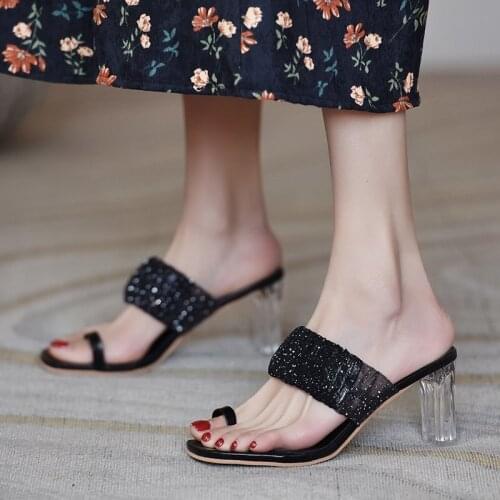 2021 summer new outer wear a word with high-heeled slippers fairy wind sandals female lace transparent thick heel slippers Z888