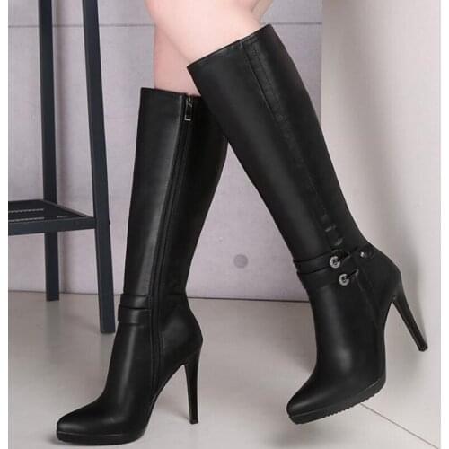 Europe America winter High-heeled Middle tube Women Boots Belt buckle Chivalry boots Sharp head Fine heel long tube-shaped boots