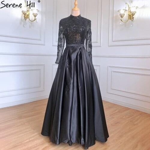 Muslim Black Satin High Neck Long Sleeves Luxury Evening Dresses Gowns 2021 Beading A-Line For Women Party BLA70919 Serene Hill