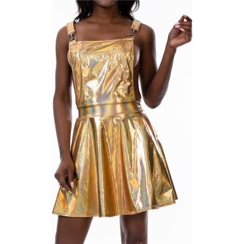 Womens Shiny Latex Dress Metallic Holographic Wide Shoulder Straps Pleated Bib Overall Pinafore Dress Braces Suspender Dress