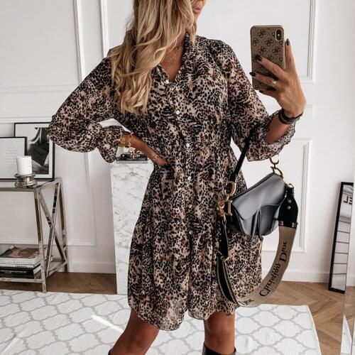 Leopard Print Summer Dress Women Front Button Chiffon Shirt Dress Simple Daily Casual Vestidos Ladies Vintage Clothes