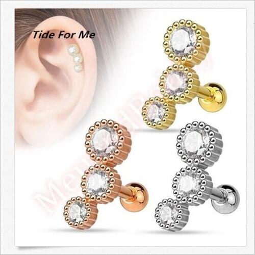 1Piece New Rose Gold Color Stainless Steel Ball Crystal Stud Earrings for Women Helix Ear Bone Piercings Fashion Jewelry