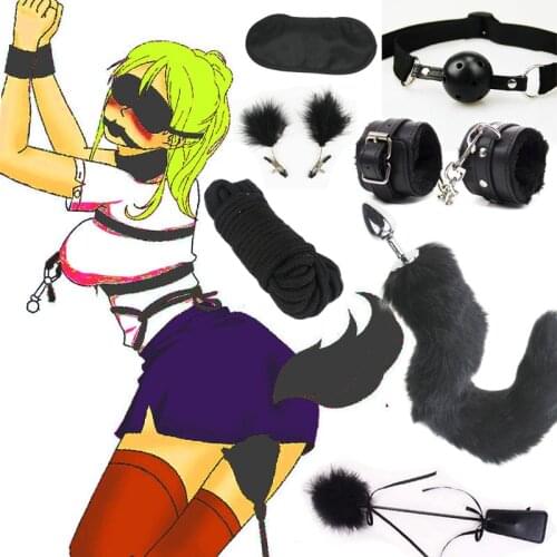 7Pcs/Set Sex Bondage Kit Slave Adult Games Hand Cuffs feather Whip nipple clip Rope Blindfold Gag fox anal tail plug Erotic Toys