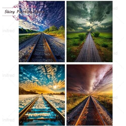 5D Diamond Painting DIY Railway Scenery Full Diamond Embroidered Decorative Painting Train Tracks Sky Landscape Cross Stitch Kit