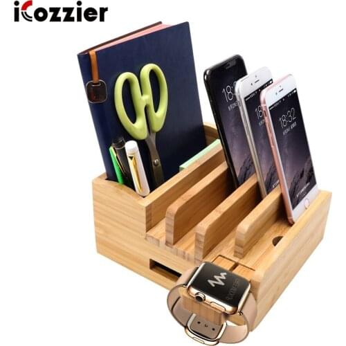 ICozzier Bamboo Charging Station for iPad Stand Desktop Organizer Tablet Cellphone Holder Cord Organizer Multi-Devices Station