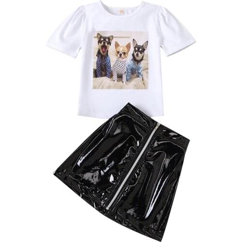Infant Kids Girl Skirt Two Piece Suit Fashion Dog Printed Round Neck Short Sleeve Tops and PU Leather Short Skirt 1-6T