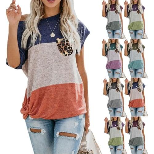 Summer womens Loose T-shirt with short-sleeved stitching and twisting contrast print Leopard print pocket T-shirt casual T