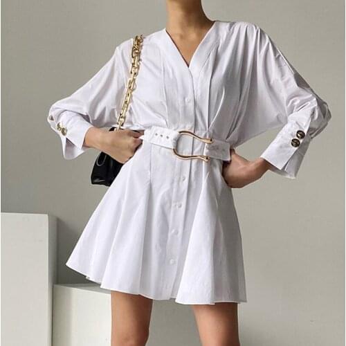 Korean chic early autumn niche V-neck single-breasted loose ruffled shirt dress with belt female