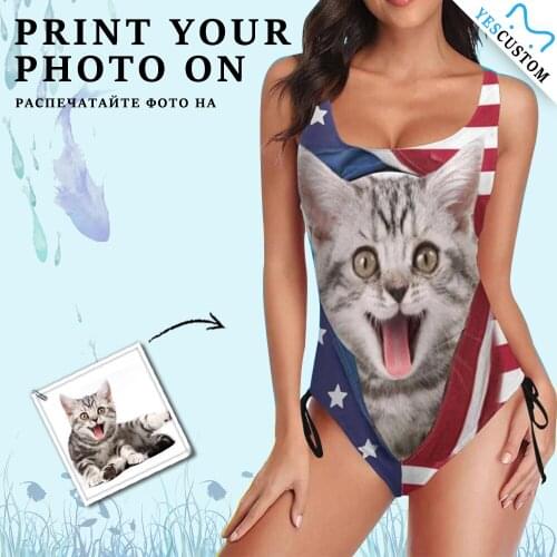 Custom Face Photo Bathing Suit Women Bikini Bra Beach One Piece Cat Flag Personalized Drawstring Side Female Gift Swimwear