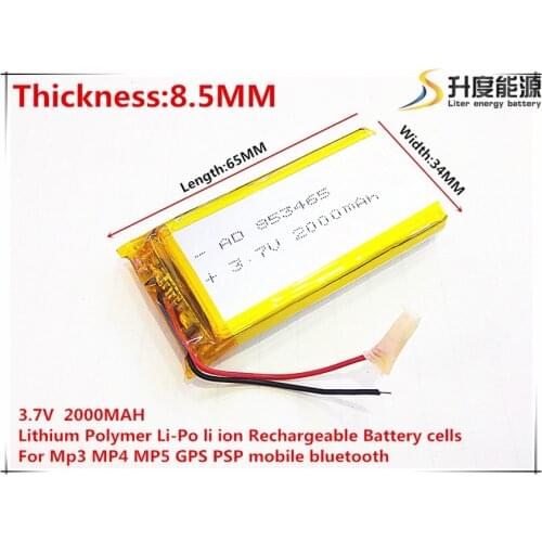 Li-po 3.7V 2000mAh 853465 Lithium Polymer Li-Po li ion Rechargeable Battery cells For Mp3 MP4 MP5 GPS mobile