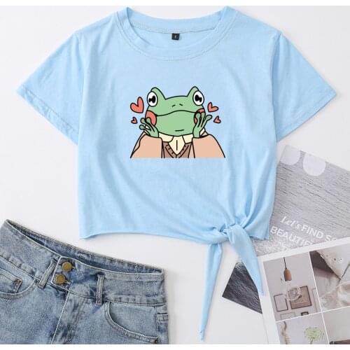 Cute Frog In Love Crop Top Womens Summer Casual Short-sleeve Printing Cotton T-shirt Cropped Tops Graphic Tee with Front Knot