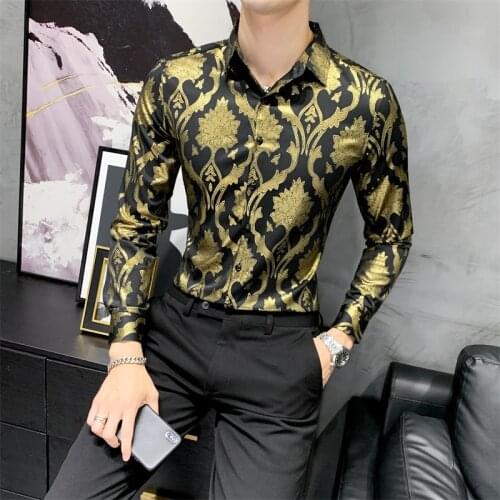 Fashion Digital Print Shirts for Men Clothing 2020 All Match Streetwear Slim Fit Casual Night Club Prom Tuxedo Dress Formal Wear