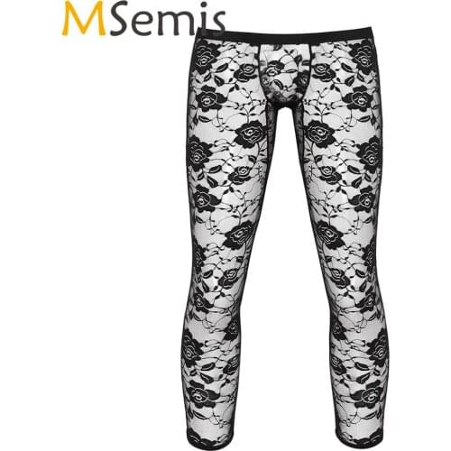 Mens Low Rise Bulge Pouch Tight Trousers Sexy Transparent Lace Floral Leggings Sissy Erotic Sheer Pants Fetish Gay Hot Nightwear
