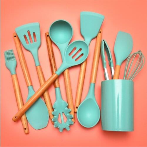 12pcs New Cooking Utensils Kitchen Tool silicone kitchenware set Non-slip with wooden handle cooking tools kitchen accessories