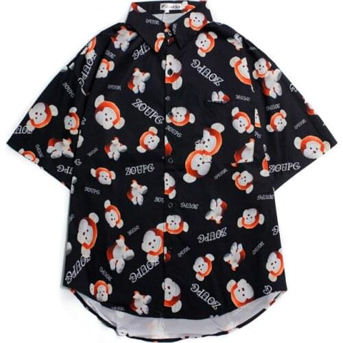 New Summer Shirt Women Harajuku Cartoon Monkey Print Vintage Loose Short Sleeve Blouse Oversize Shirt Female Casual Man Shirt