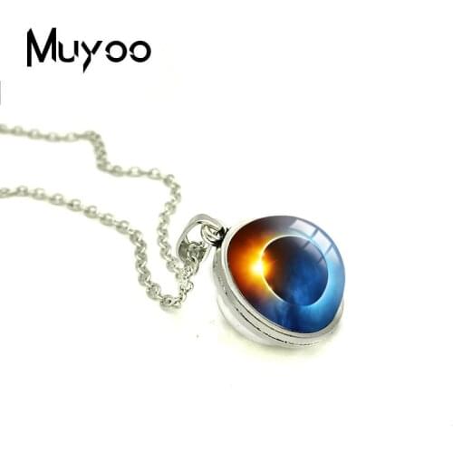 2019 New Solar Eclipse Double Sided Pendant Space Galaxy Necklace Round Glass Dome Cabochon Jewelry