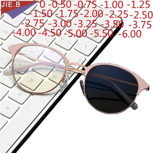 Retro Design Outdoor Fashion Photochromic Ladies Round Alloy Student Prescription Glasses For Myopia 0 -0.5 -0.75 -1.0 to -6.0