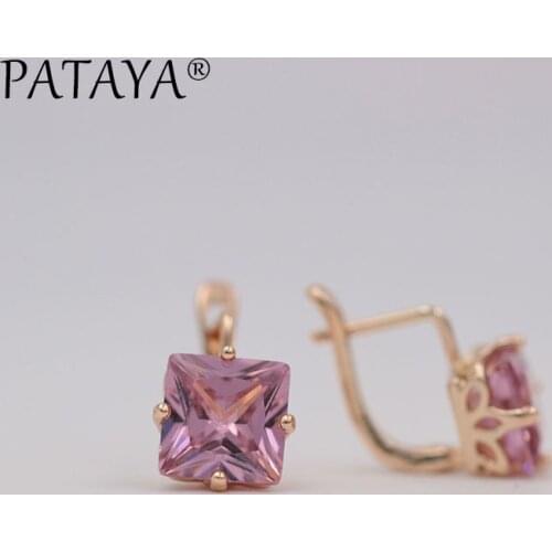 PATAYA New Trendy Wedding Earrings Women 585 Rose Gold Color Jewelry Fashion Big Square Pink Natural Zircon Luxury Drop Earrings