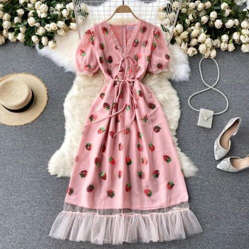 Amolapha Women Cute Sweet Style Summer Short Sleeve Slim High Waist V-Neck Sequin Hand-Work Embroidery Mesh Mid-Length Dress