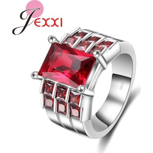 Luxury Wide Wedding Band Square Cut Multi Red Crystal Women Wedding Rings Fashion Jewelry Silver Gift