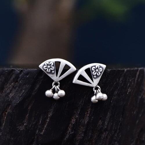 S925 pure Tremella nail womens fashion simple silver retro style jewelry anti allergy earpin retro plum blossom Silver Earrings