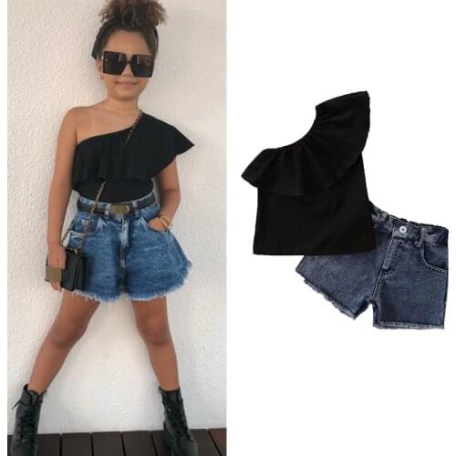 FOCUSNORM 1-6Y Summer Fashion Kids Girls Clothes Sets Solid One Shoulder T Shirts Tops Hole Denim Shorts 2pcs