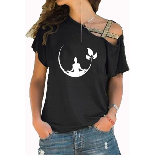 Buddha Print Women tshirt Cotton Casual Funny Women Irregular Skew Cross Bandage Tshirts