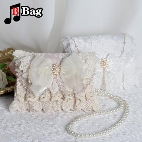 Women Handmade Lolita lace Shoulder bag jk Elegant Handbag female Messenger Bag girl Satchel Pearl Bow Princess Bag
