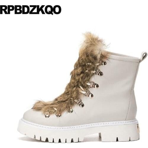 Shoes Short Round Toe Chunky Beige High Heel Booties Platform Ankle Real Fur Brand Women Winter Boots Genuine Leather Designer