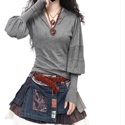 2017 Spring Autumn Fashion New Arrival Cashmere Wool Sweater V-Neck Lantern Sleeve Sweater Pullovers Long Sleeve Women Sweaters
