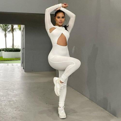 BKLD 2021 Summer New White Jumpsuits For Women Solid Color Bandage Cross Hollow Out Fashion Fitness Jumpsuit One Piece Outfit