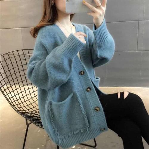 Women Full Sleeve V-neck Solid Cardigan Female Button Retro Lazy Fashion All-match Simple Sweater Ladies Vintage Knit CoatsH392