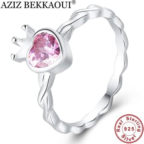 AZIZ BEKKAOUI Real Stainless Steel Color Pink Heart Ring for Women Sweet Crown Rings for Girl Engagement Jewelry Gift