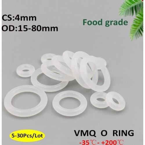 5~30Pcs CS 4mm OD 15~80mm VMQ White Silicone O Ring Seals Gasket Food Grade Rubber Sealing Ring Waterproof Washer