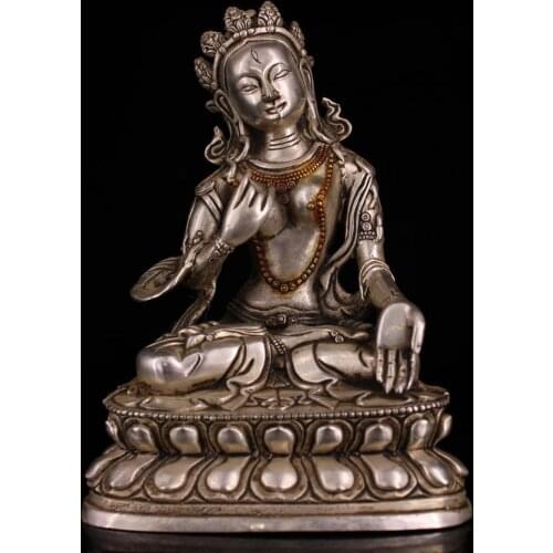 6" Tibet Buddhism Temple bronze Gilt Gilt silver White Tara Bodhisattva Statue Avalokitesvara Buddha Statue Amitabha Buddha