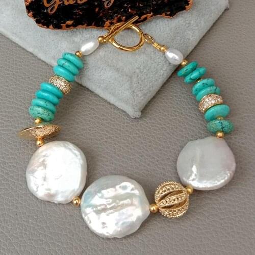 8" big coin cultured freshwater pearls Blue howlite rondelle cz pave beads Bracelet toggle clasp ethnic style Women