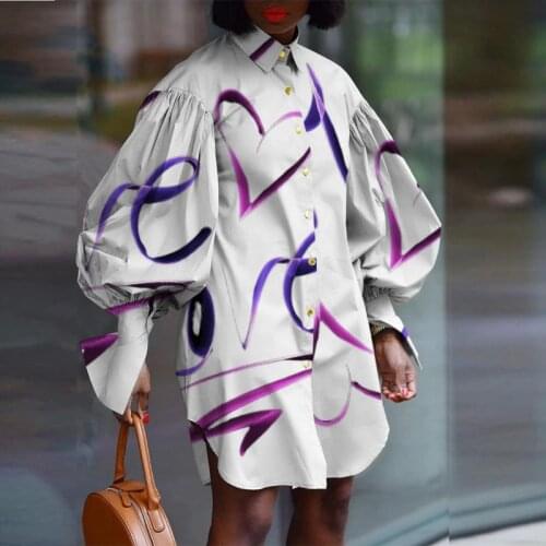 White Shirt Dresses Women Loose Puff Sleeve Love Heart Print Knee Length Fashion New Streetwear Elegant Office Lady Blouse Dress