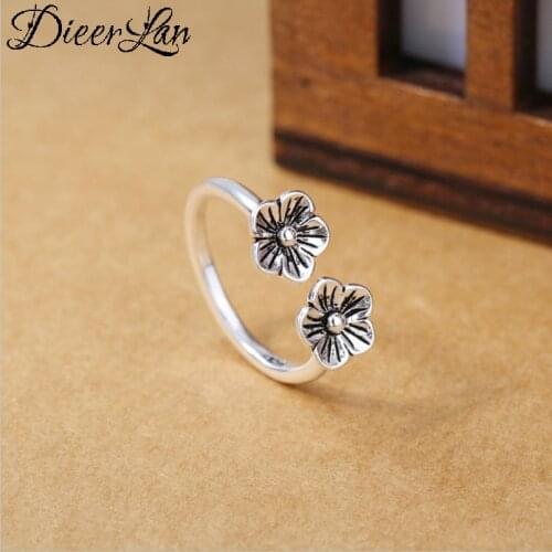 DIEERLAN Boho Vintage Silver Color Double Flowers Rings For Women Men Big Open Finger Rings Party Gifts Anillos