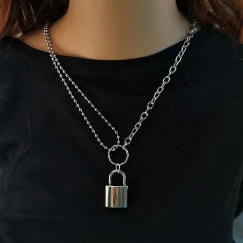 Double Layer Lover Lock Chain Necklace Choker Punk Link Long Padlock Pendant Necklace For Women Men Fashion Gothic Accessories